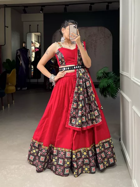 Red Patola Print Navaratri Ready to Wear Lehenga Choli in Pure Cotton With Real Mirror Waist Belt