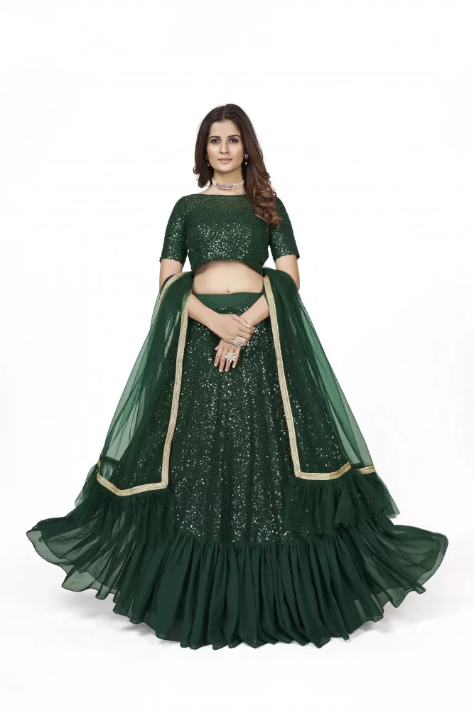 Dark green Embroidered Net Semi Stitched Lehenga Choli With Dupatta -  Atsevam - 3865136