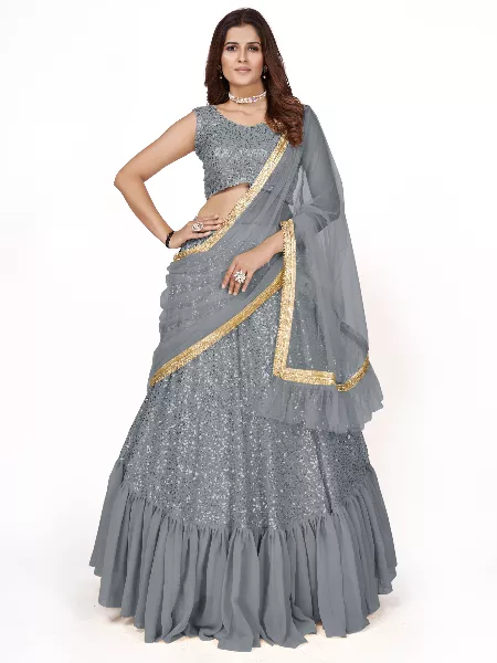 Grey Lehenga Choli in Georgette With Sequence Work and Dupatta