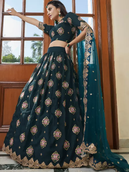 Teal Blue Color Bridal Lehenga Choli in Organza With Zari Thread and Sequins Embroidery