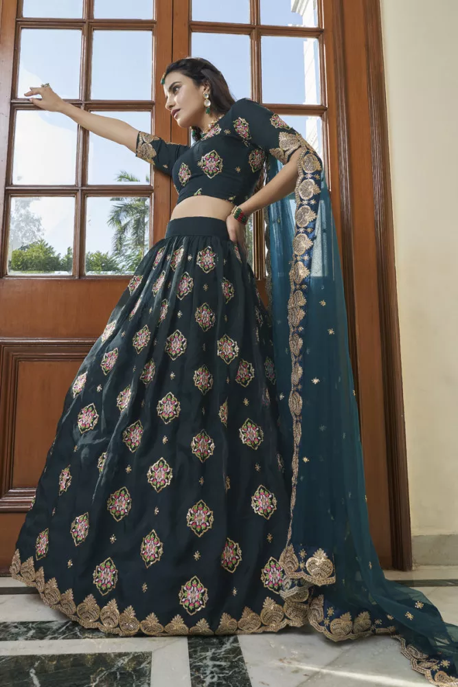 Teal Blue Silk Hand Embroidered Lehenga Set Design by Sidhaarth and Disha  at Pernia's Pop Up Shop 2024