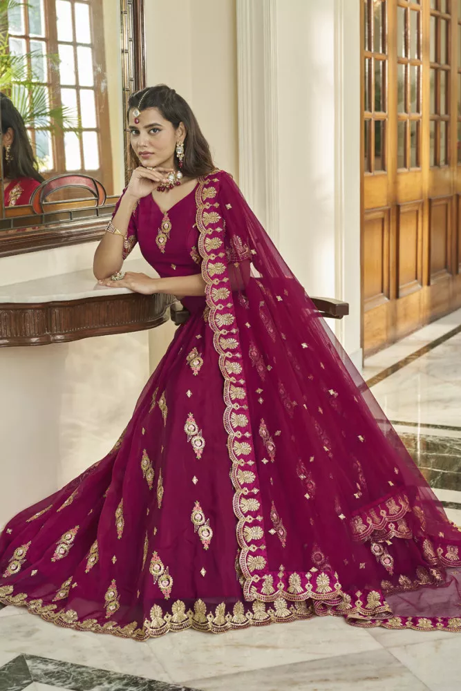 Pure Micro Velvet Wedding Wear Lehenga Saree In Red With Embroidery &  Crystals Stone Work