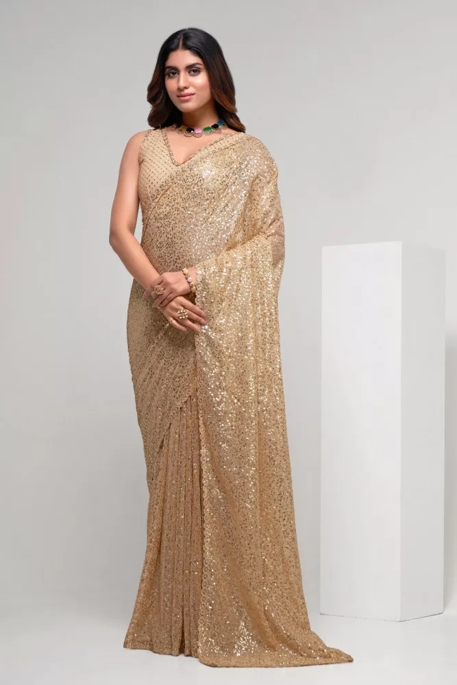 Cream Party Wear Saree in Georgette With Sequence Work in USA, UK,  Malaysia, South Africa, Dubai, Singapore