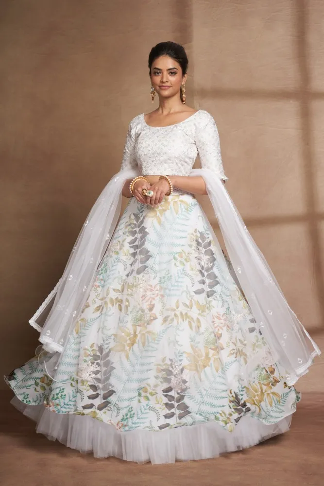 Lehenga Choli : Pearl white georgette embroidered wedding ...
