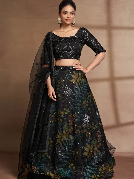 Black Color Bridal Lehenga Choli With Digital Print and Sequence Embroidery