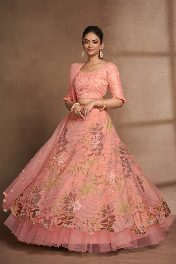 Buy Peach Colored Partywear Designer Embroidered Lehenga Choli Online At  Zeel Clothing