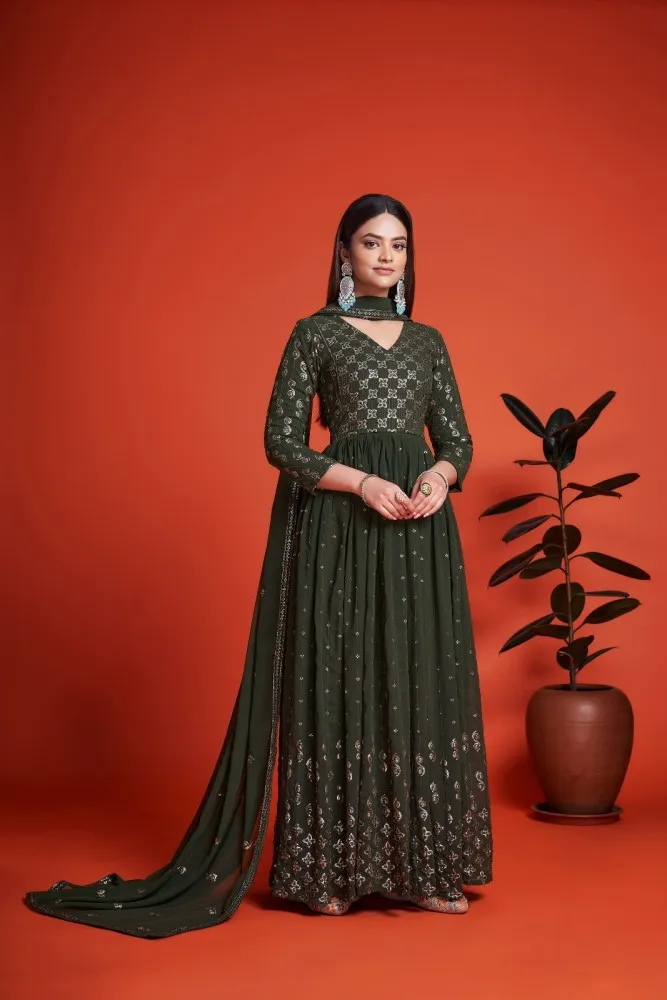 Stunning Georgette Fabric Function Wear Embroidered Mehendi Green Color  Readymade Sharara Suit