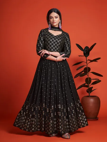 Black Color Anarkali Suit With Sequence in Faux Georgette With Dupatta