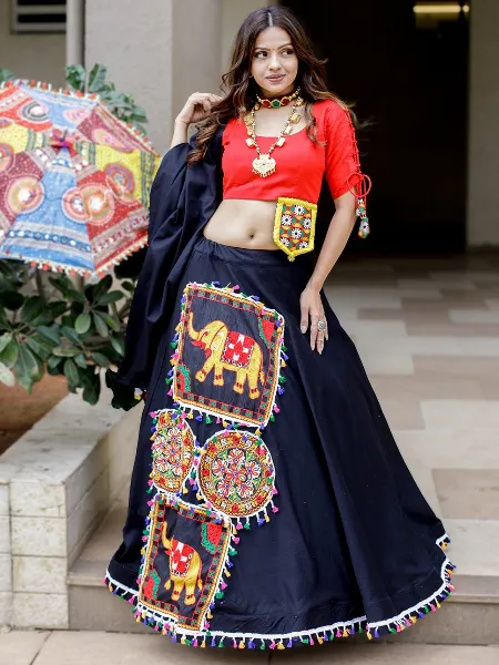 Navaratri Lehenga Choli in Black Color Cotton With Embroidery Navratri Special Readymade Lehenga Choli