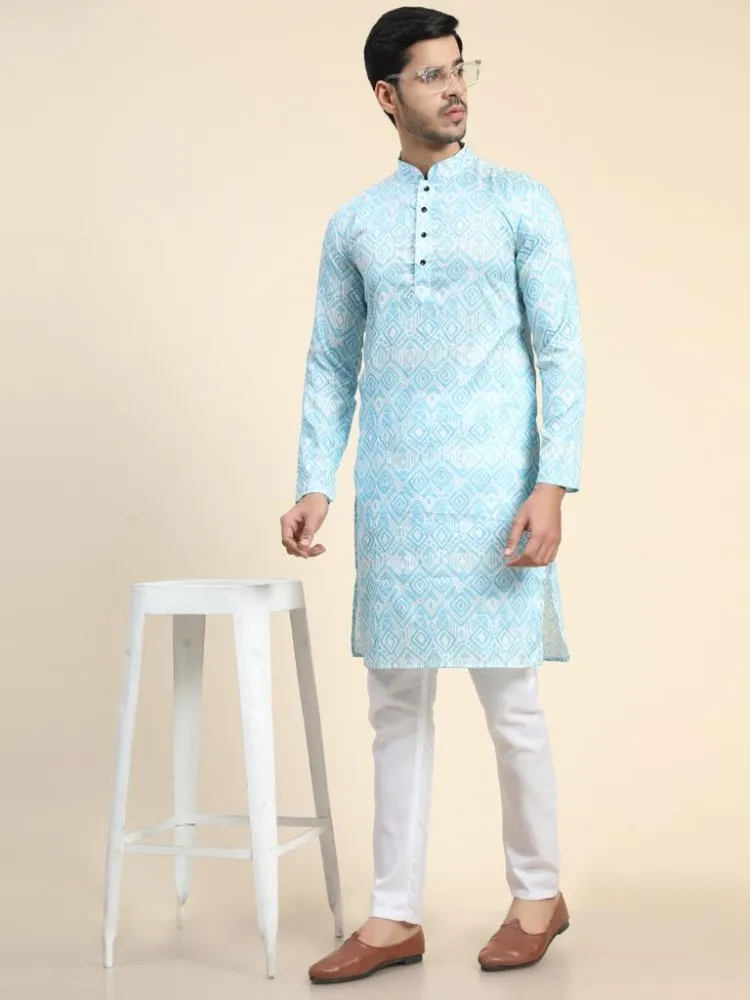 Buy Men's Premium Digital Printed Sequence Work Regular Fit Cotton Kurta  with Pyjama Set (S, Blue) at
