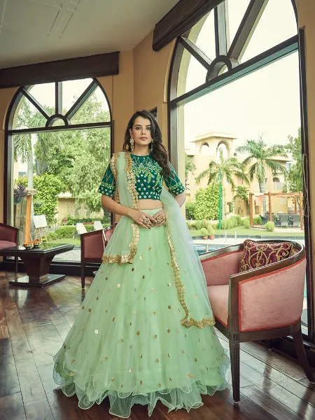9mm Sequence Embroidery Dark Green DESIGNER LEHENGA - rujave.in