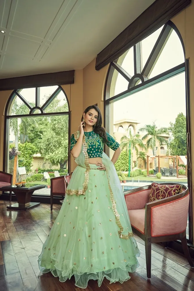 LIGHT-GREEN EMBROIDERED ORGANZA SEMI STITCHED LEHENGA Manufacturer Supplier  from Surat India