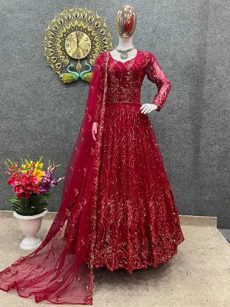 Buy Color Bucket Red Net Embroidered Semi Stitched Anarkali Gown (Free  Size) Online at Best Prices in India - JioMart.