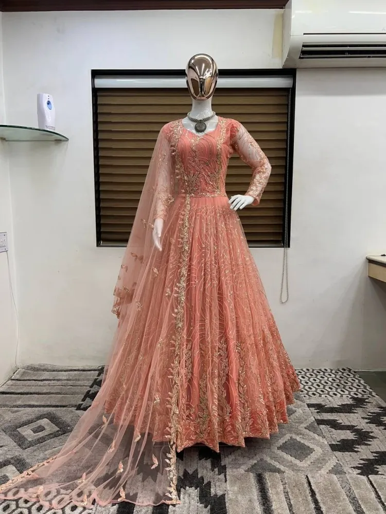 Peach Color Georgette Gown With Heavy Sequence Embroidery Work and Dupatta  in USA, UK, Malaysia, South Africa, Dubai, Singapore