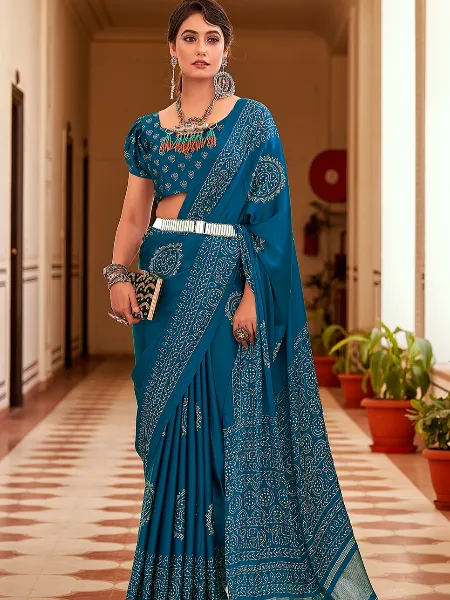 Teal Color Semi Gaji Silk Saree With Print and Foil Work With Blouse