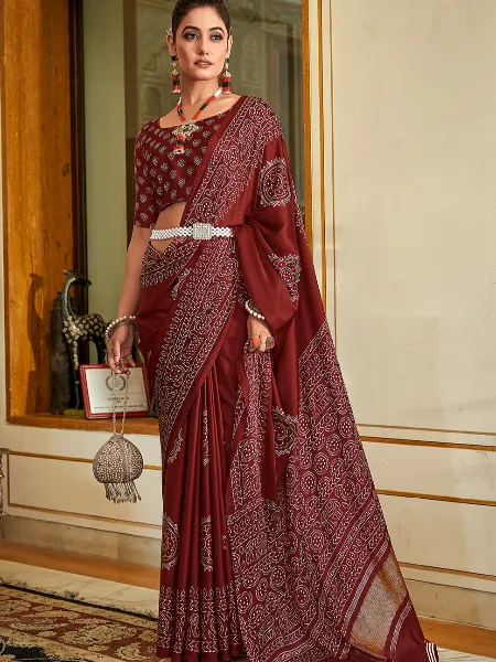 Maroon Color Semi Gaji Silk Saree With Print and Foil Work With Blouse