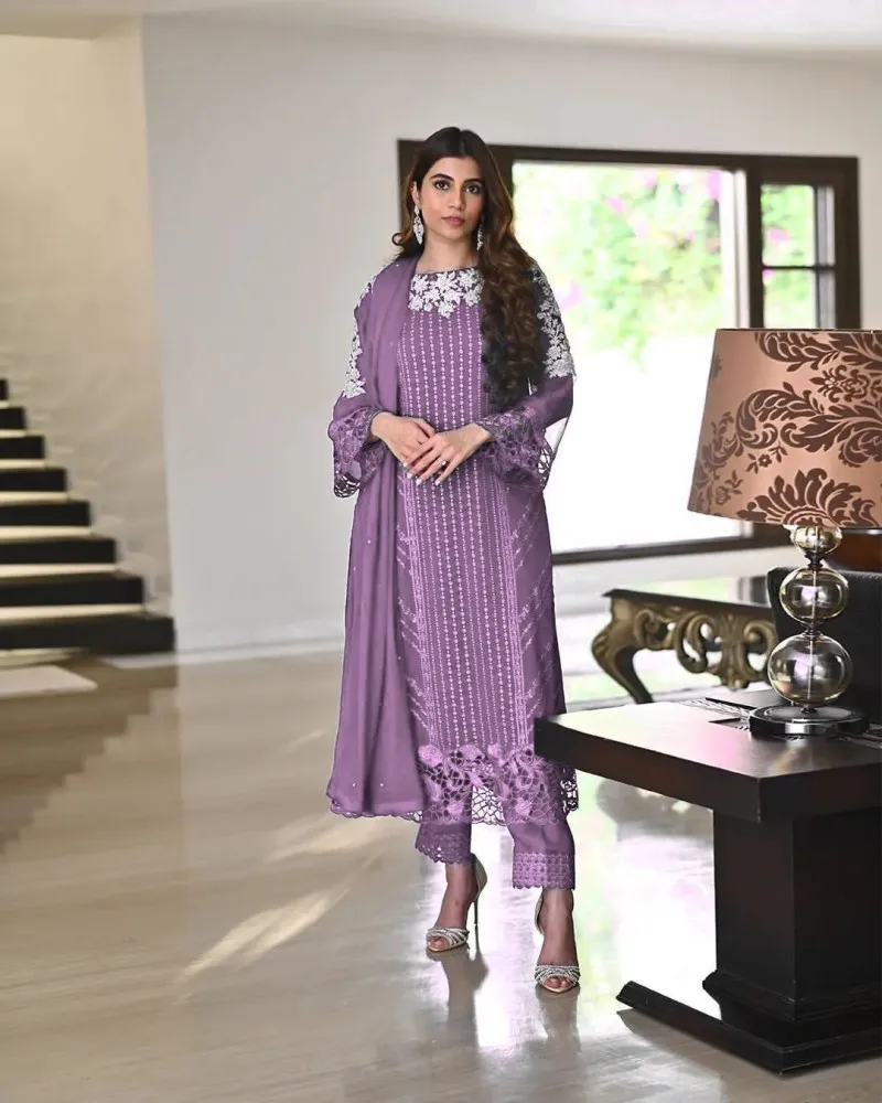 Lavender Designer Trending Sequence Embroidery Work Suit Pent and