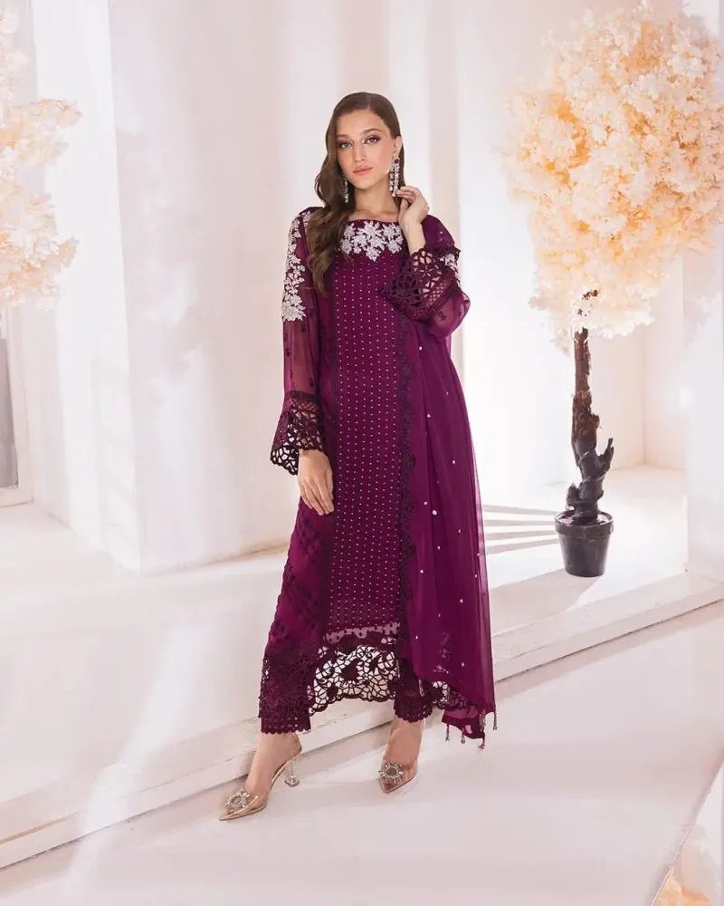 Wine Designer Trending Sequence Embroidery Work Suit Pent and Dupatta in  USA, UK, Malaysia, South Africa, Dubai, Singapore