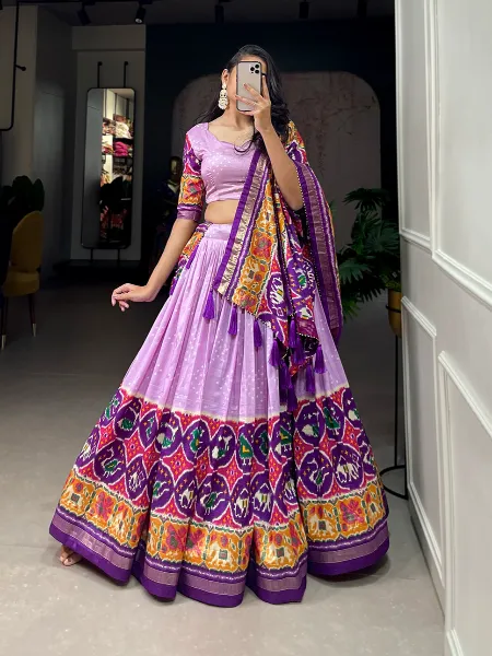 Navratri Chaniya Choli in Lavender Tussar Silk With Patola Print and Foil Work Garba Choli