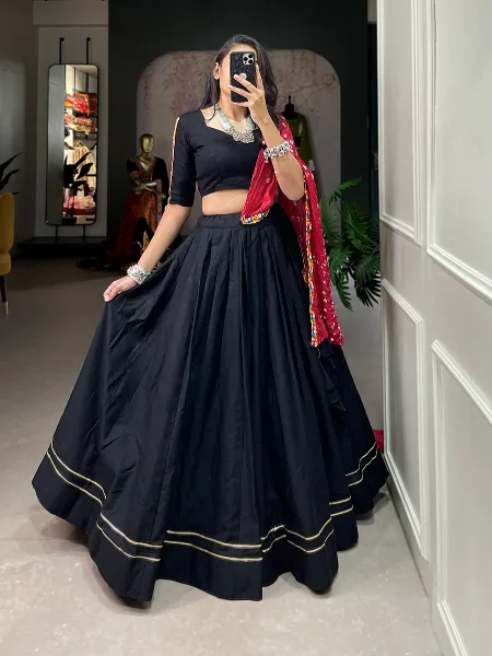 Black Navratri Lehenga Choli in Cotton With Gamthi Work Designer