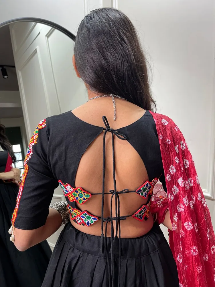 Black Tussar Sequin Embroidered V-Neck Back-Open Blouse at Soch