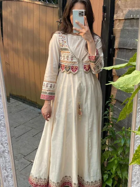 Cream Color Designer Rajwadi Work Anarkali With Koti and Dupatta