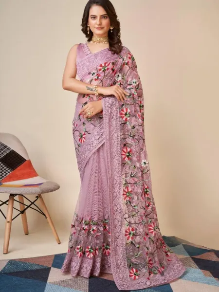 Light Purple Color Designer Indian Saree With Beautiful Embroidery and Blouse