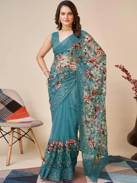 Rama Color Designer Indian Saree With Beautiful Embroidery and Blouse