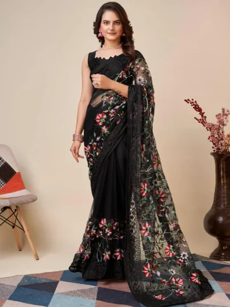 Black Color Designer Indian Saree With Beautiful Embroidery and Blouse