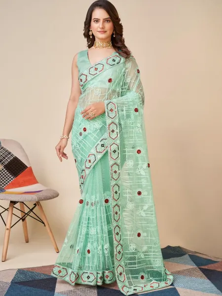 Sky Blue Color Indian Sari in Soft Net With Beautiful Embroidery and Blouse