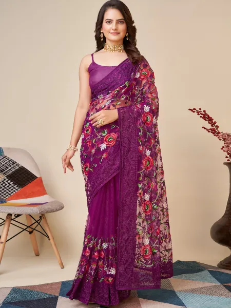 Purple Color Indian Sari in Soft Net With Colorful Embroidery and Blouse