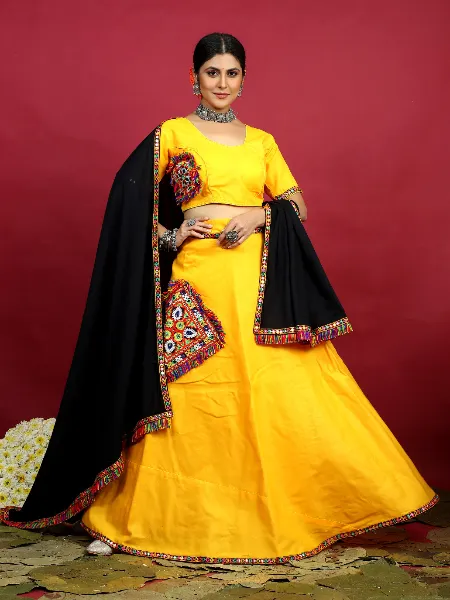 Yellow Color Navratri Lehenga Choli in Cotton With Gamathi Work Patch and Dupatta