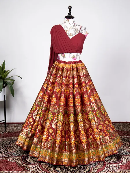 Printed Wine Color Lehenga With Fancy Blouse Attached Dupatta – vastracloth