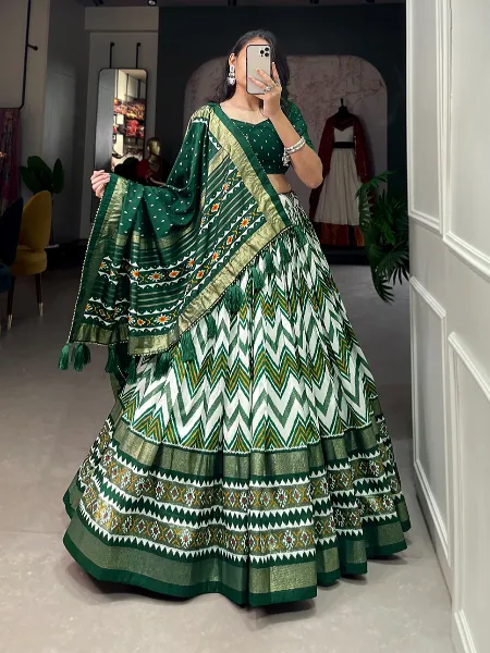 Navratri Chaniya Choli in Green Tussar Silk With Leriya Print and Foil Work Garba Choli for Navratri