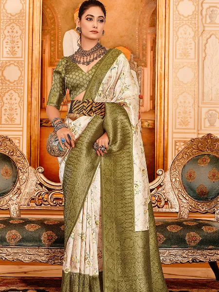 Mehendi Color Soft Silk Saree With Beautiful Digital Print and Zari Weaving
