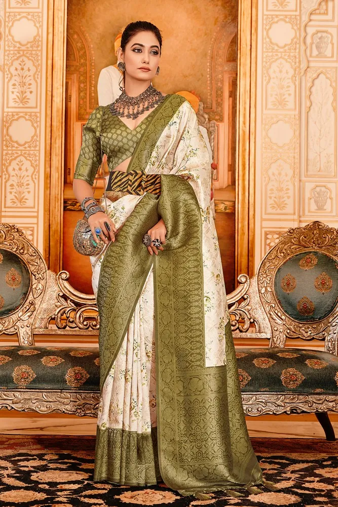 Elegant Mehndi Green And Pink Color Silk Saree – Amrutamfab