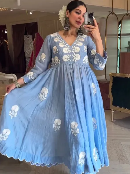 Sky Blue Maska Cotton Silk Gown With Embroidery Work and Real Mirror