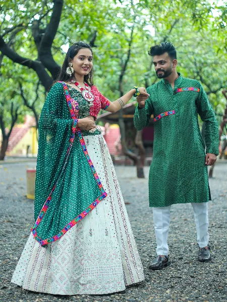 Sea Green Colour Dholida Couple Celebration navaratree special exclusive  feative wear Copule dhoti kedia collection Dholida 04 - The Ethnic World