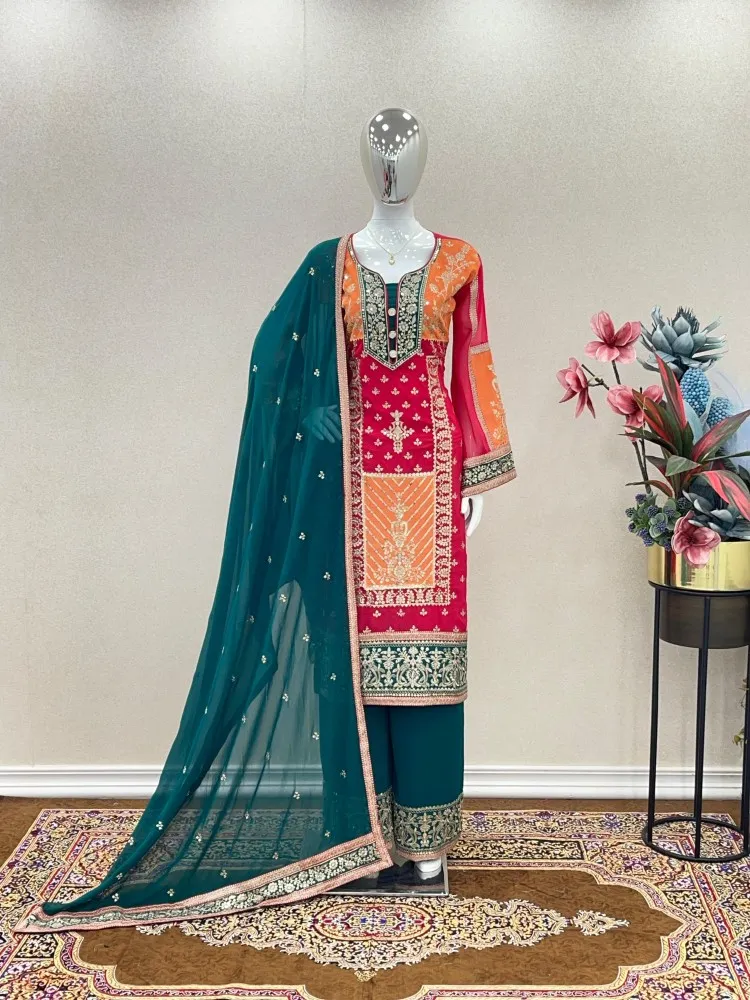 Salwar Suits : Multicolor tabby silk printed and handwork