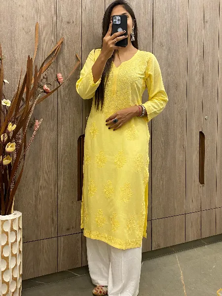 Yellow Color Designer Kurti Palazzo Set With Cotton Thread Embroidery Work