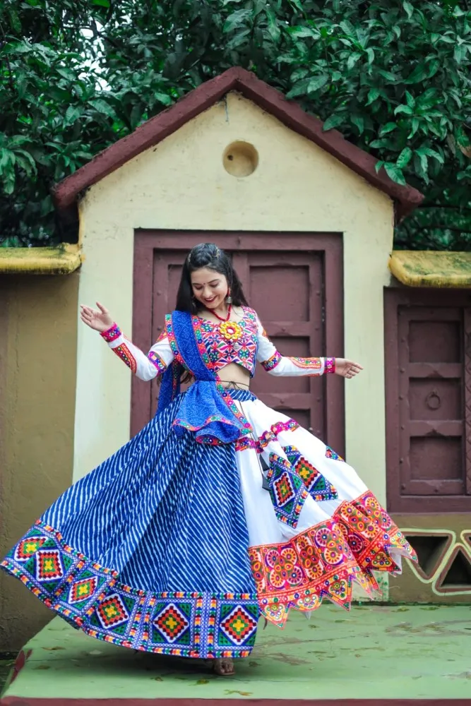 Blue Color Navratri Chaniya Choli With Kutchi Work and Real Mirror