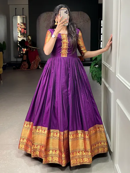 Wine Color Narayanpet Gown With Zari Weaving Work South Indian Gown
