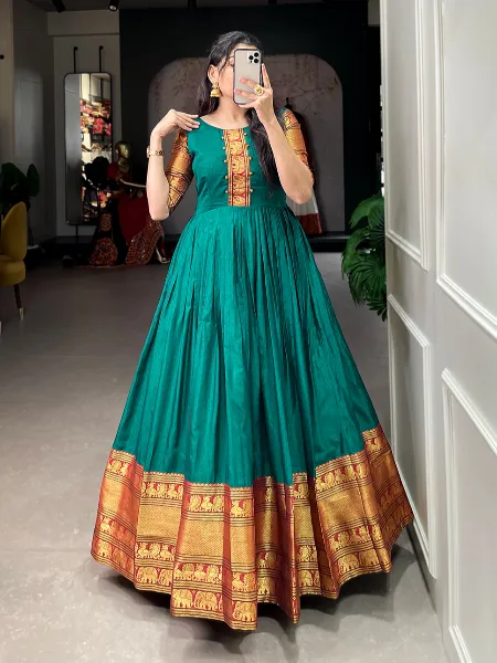 Teal Color Narayanpet Gown With Zari Weaving Work South Indian Gown