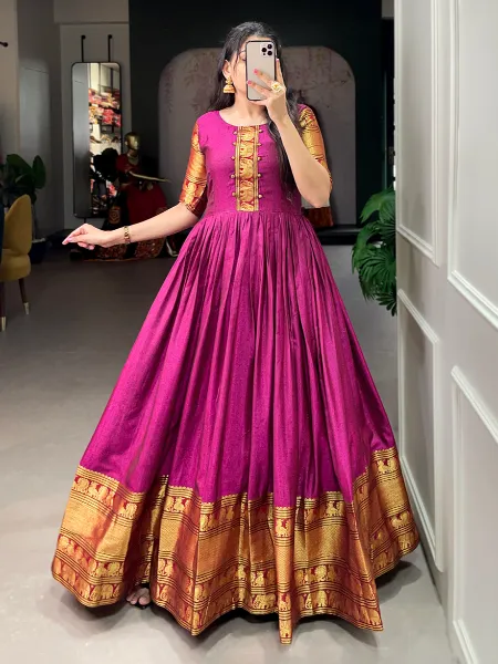 Pink Color Narayanpet Gown With Zari Weaving Work South Indian Gown