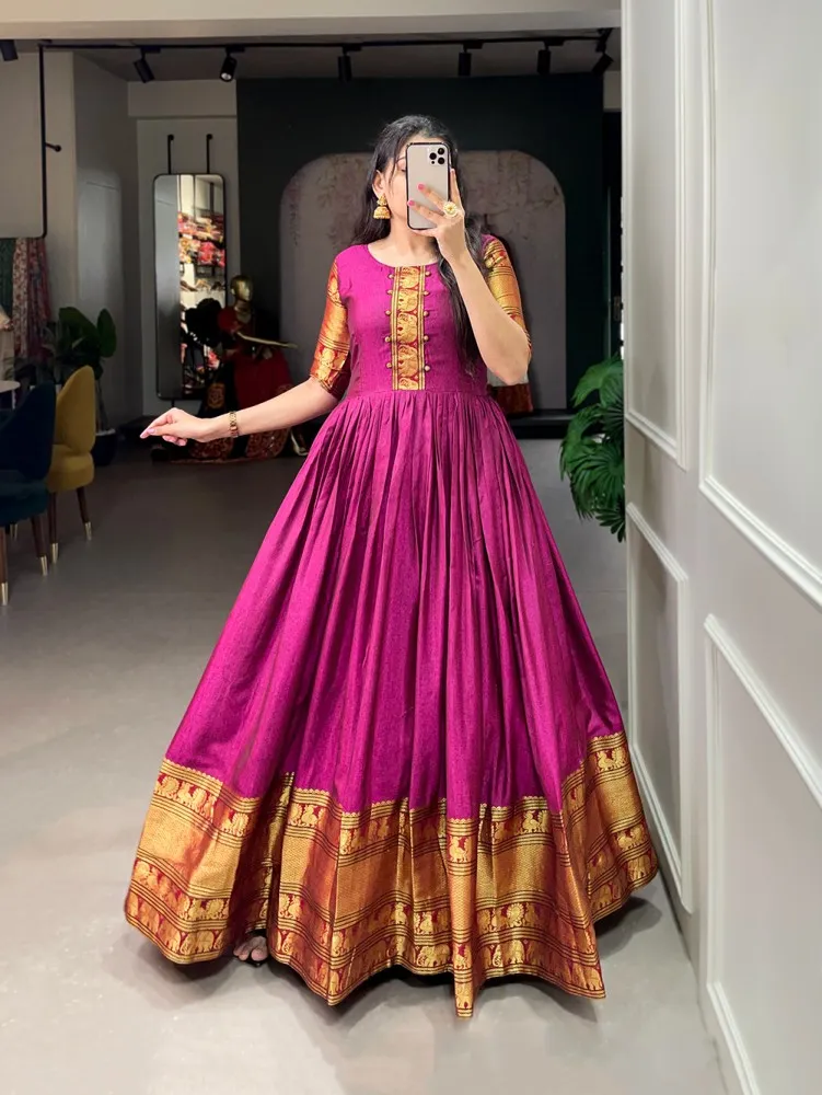 Pink Color Narayanpet Gown With Zari Weaving Work South Indian Gown in USA,  UK, Malaysia, South Africa, Dubai, Singapore