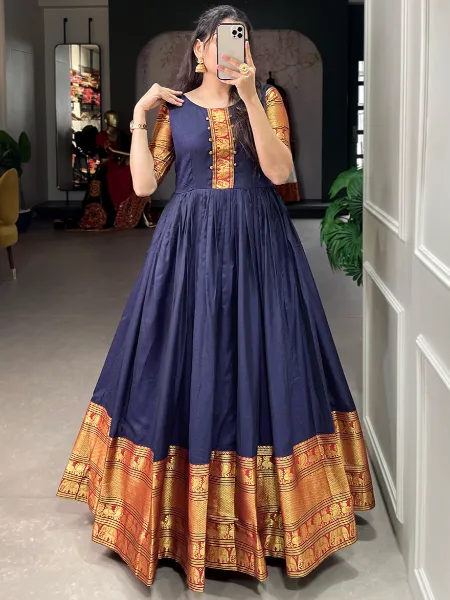 Navy Blue Georgette Embroidered Readymade Designer Gown for Ceremonial