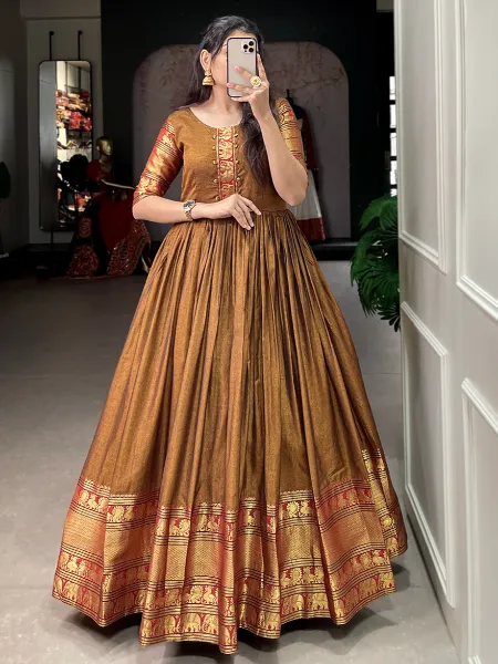 Mustard Color Narayanpet Gown With Zari Weaving Work South Indian Gown