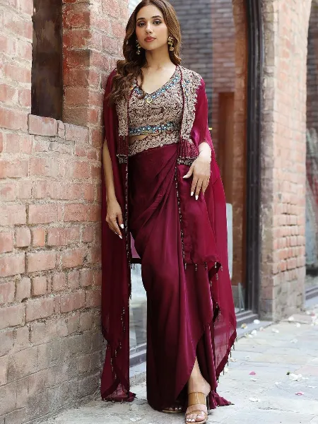 Wine Color Designer Indian Choli With Dhoti and Shrug in Organza and Embroidery