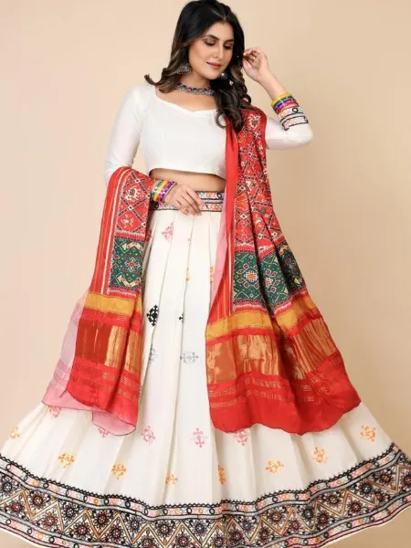 White Color Navratri Lehenga Choli in Rayon With Thread Embroidery and Gaji Silk Dupatta