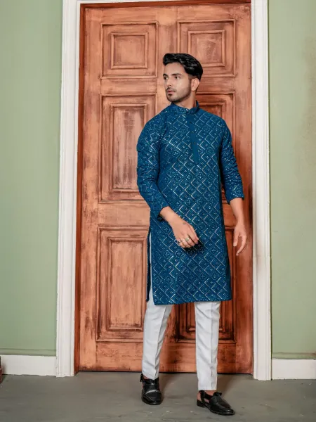 Rama Color Men's Kurta Pajama Set in Georgette With Foil Print and Sequence Work